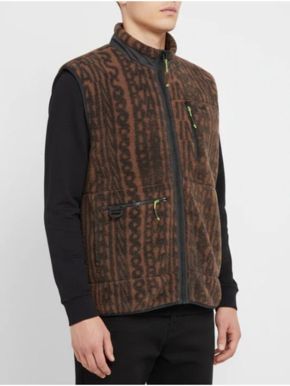 Rains Brown Black Monogram Patterned Fleece Zip Vest Mens Medium